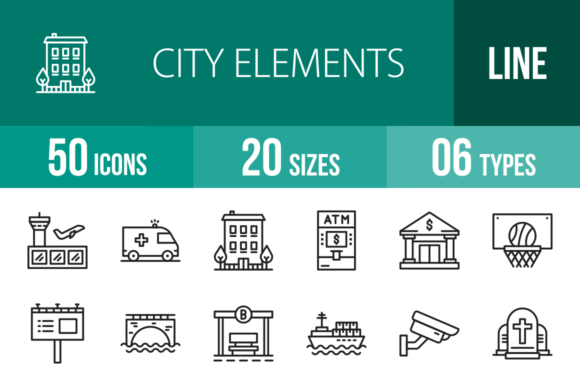 50 City Elements Line Icons for Graphic Design
