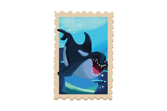 Vintage Postal Stamp - Evil Orca, Kawaii School of Fish